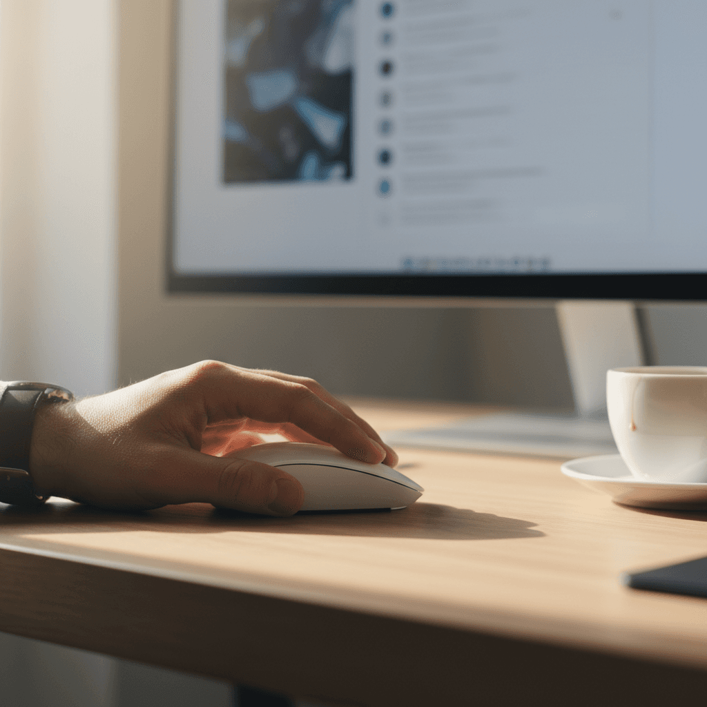 Hand clicking mouse on desk with blurred screen showing AI chat