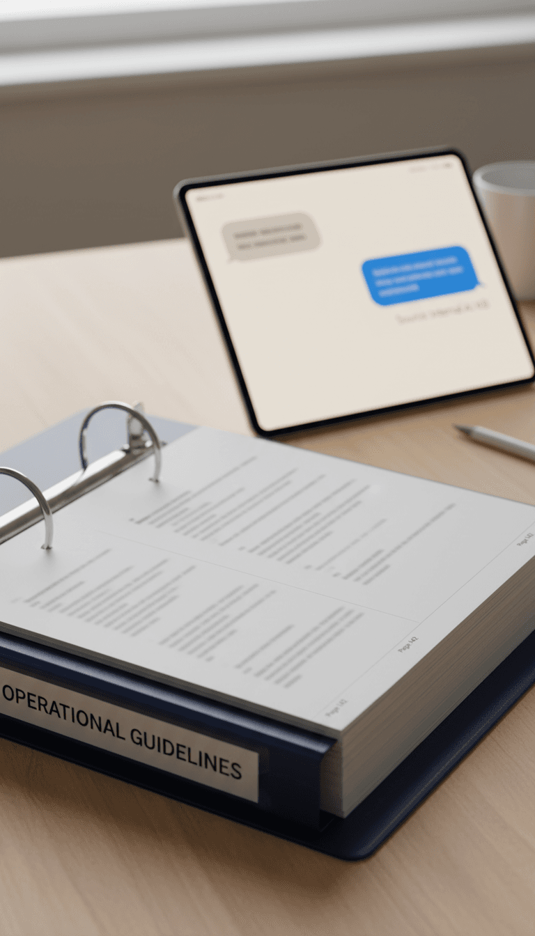 Open binder manual next to tablet showing AI chat with source citation